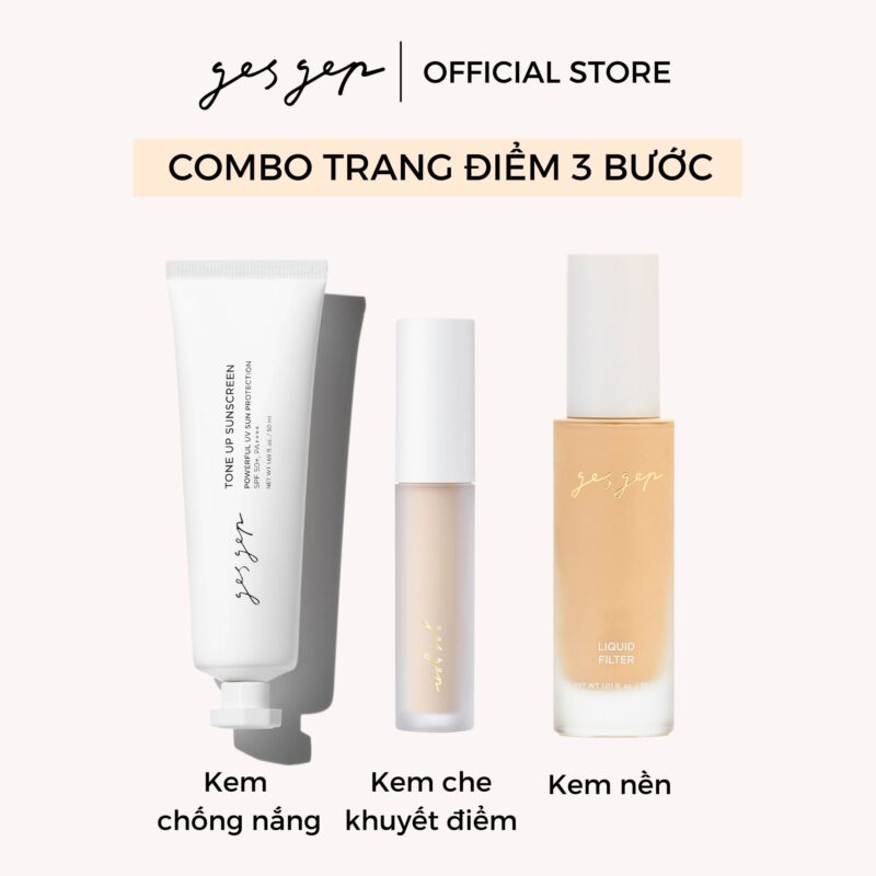 [Combo trang điểm 3 bước nhà Gesgep]Kem chống nắng Tone up Sunscreen, nền Liquid Filter, che khuyết điểm Multi Concealer